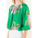 Floral Print Elastic Neck Bubble Top - Green Rayon Blend
