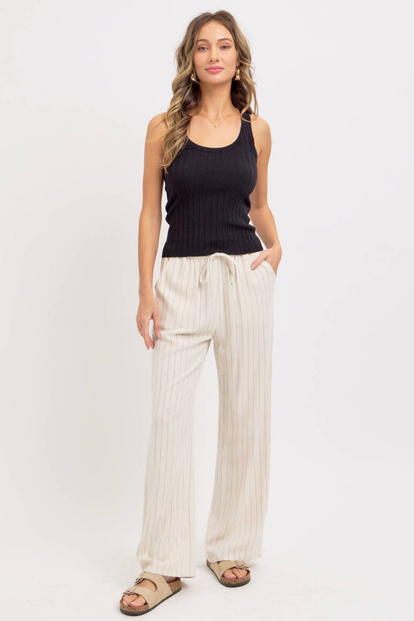 Linen Blend Striped Pull-On Pants - Oatmeal