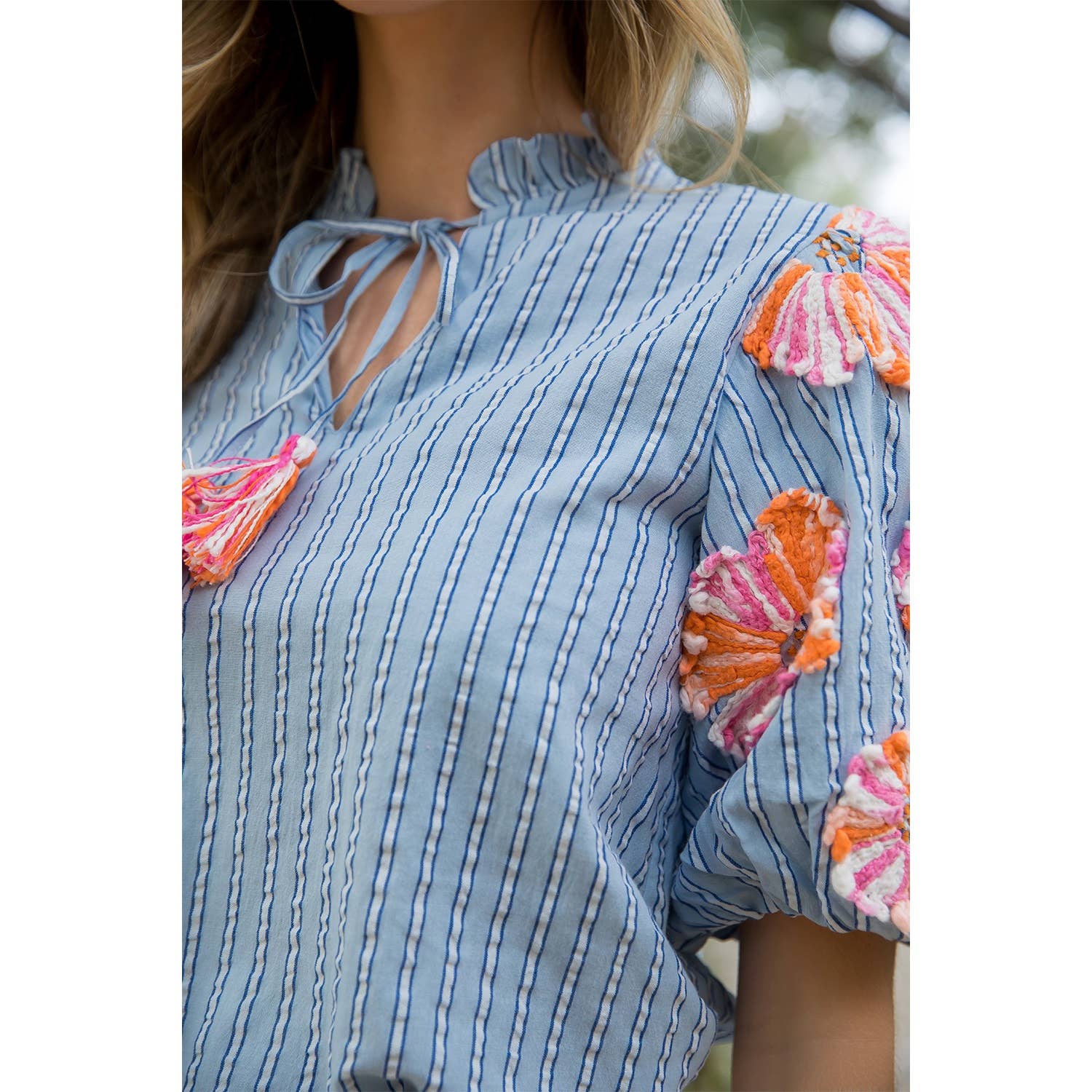 Ava Embroidered Tassel Stripe Top
