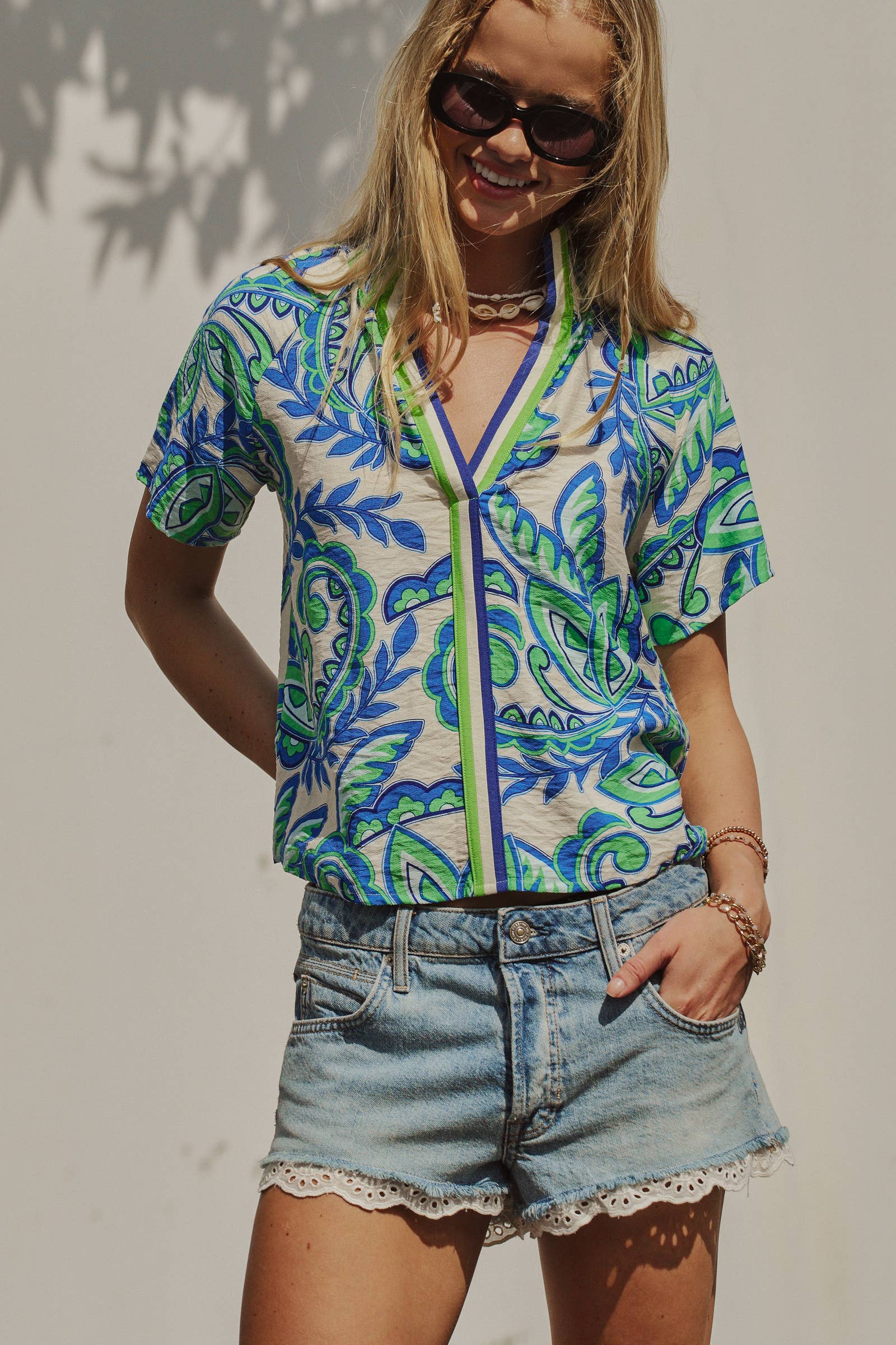 Retro Paisley Smocked V-Neck Blouse