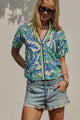 Retro Paisley Smocked V-Neck Blouse