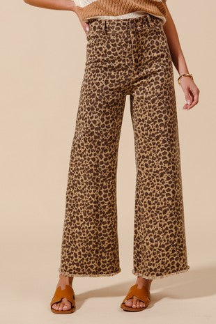 Mid Rise Leopard Frayed Wide Leg