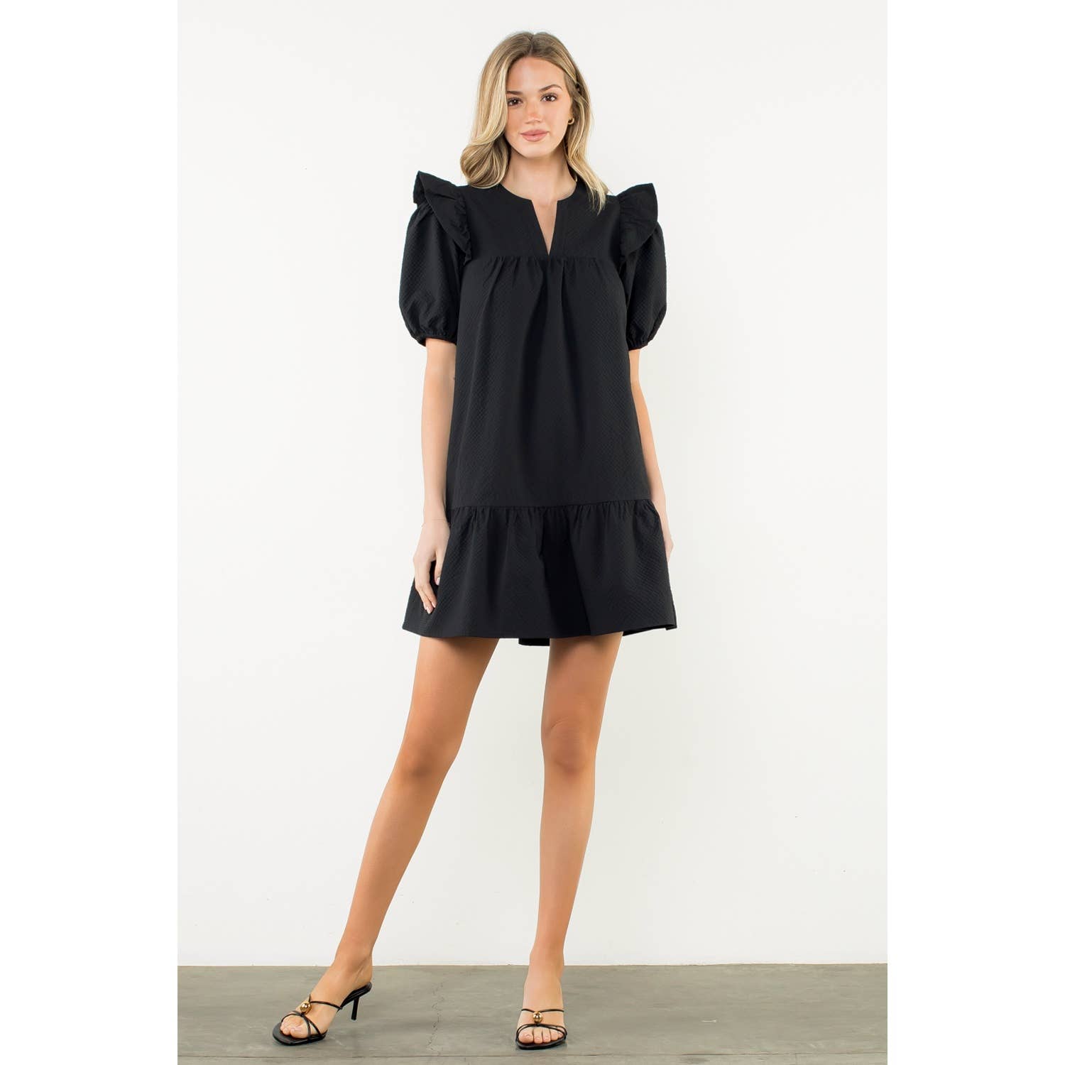 Leah Black Ruffle Shoulder Dress