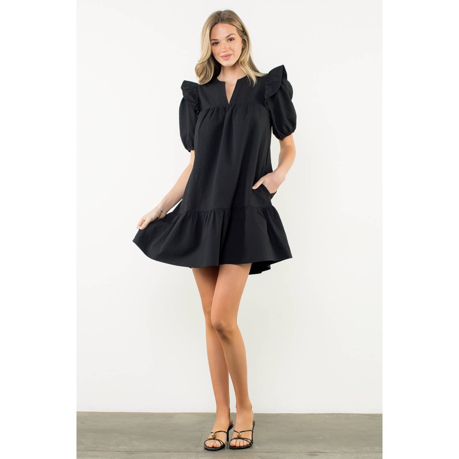Leah Black Ruffle Shoulder Dress