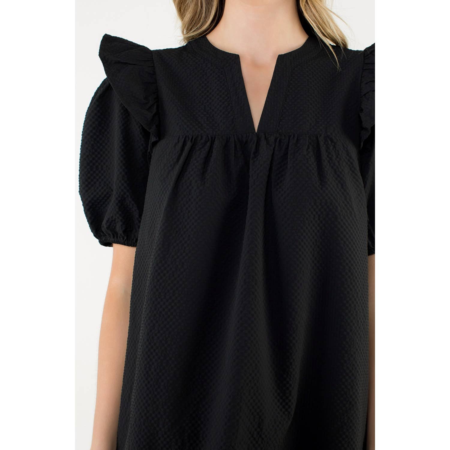 Leah Black Ruffle Shoulder Dress