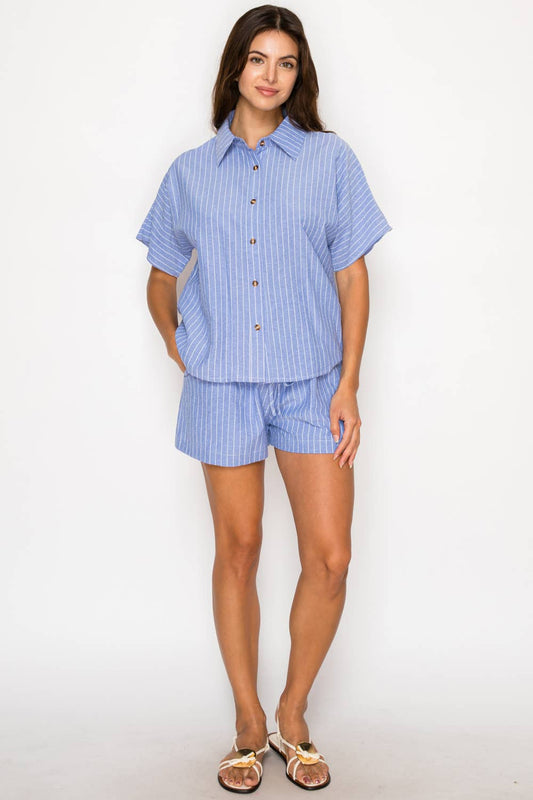 Nautical Stripe Set - Linen-Look Button Down & Shorts
