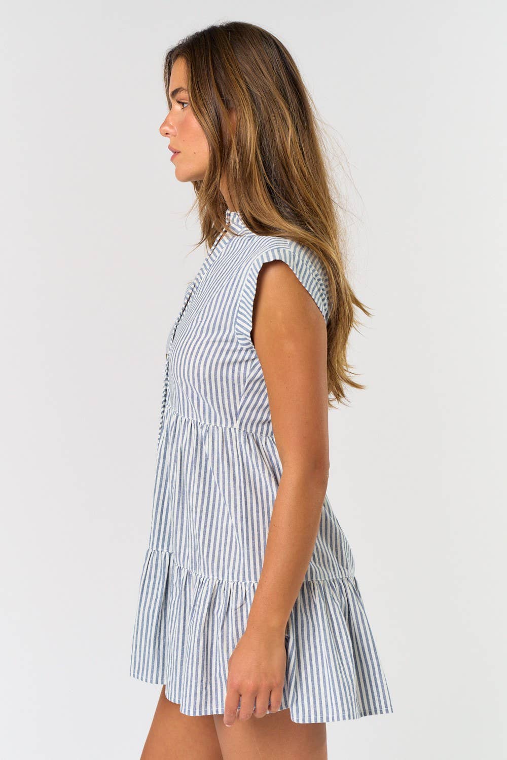 REBECCA STRIPE BUTTON DOWN RUFFLE MINI DRESS