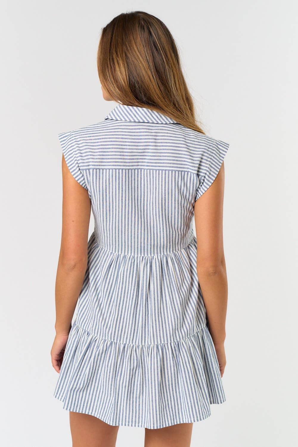 REBECCA STRIPE BUTTON DOWN RUFFLE MINI DRESS