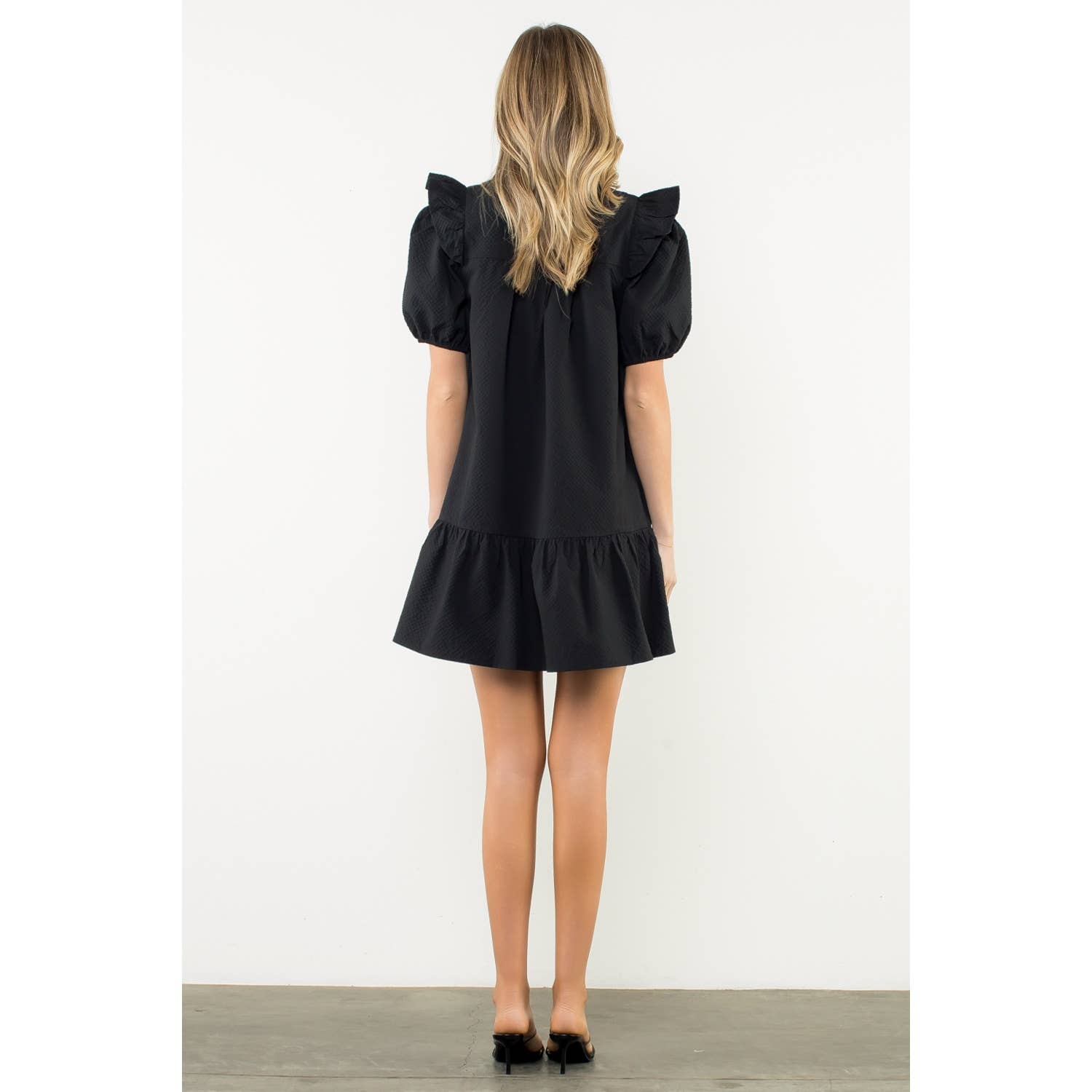 Leah Black Ruffle Shoulder Dress