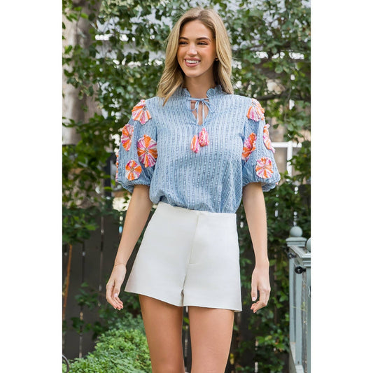 Ava Embroidered Tassel Stripe Top