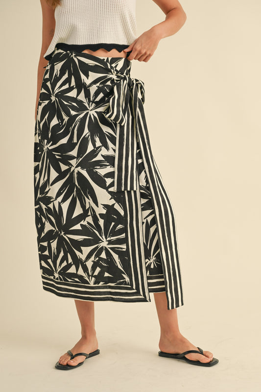 DAHLIA FLORAL PRINT LINEN WRAP SKIRT